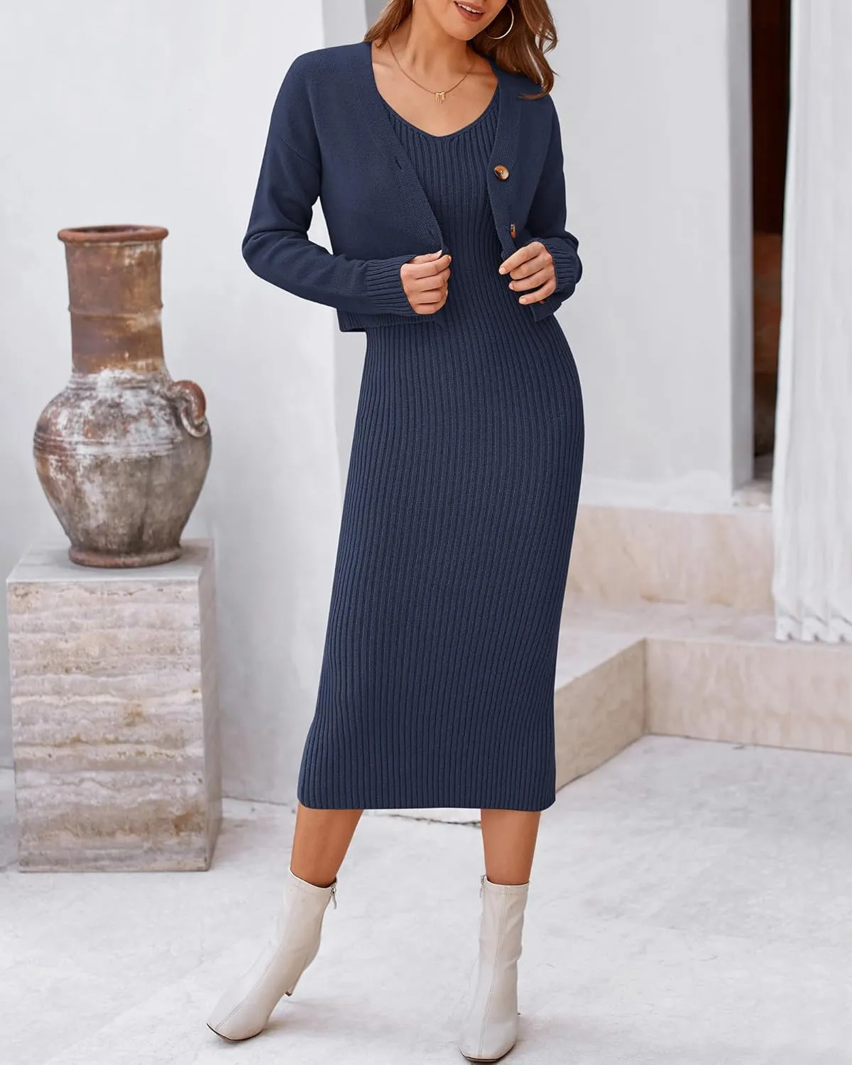 BTFBM Women Fall Knit Sweater Dress Set Bodycon Slit Midi Dresses Button Down Long Sleeve Cropped Cardigan 2 Piece Sets