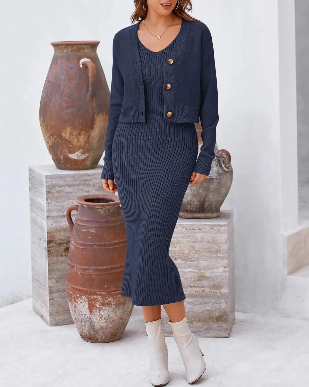 BTFBM Women Fall Knit Sweater Dress Set Bodycon Slit Midi Dresses Button Down Long Sleeve Cropped Cardigan 2 Piece Sets