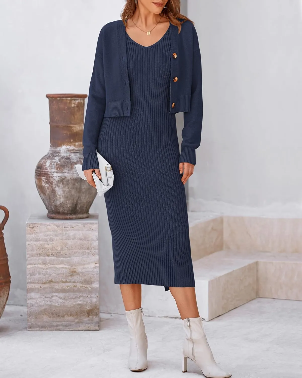 BTFBM Women Fall Knit Sweater Dress Set Bodycon Slit Midi Dresses Button Down Long Sleeve Cropped Cardigan 2 Piece Sets