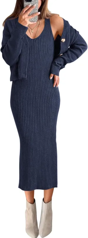 BTFBM Women Fall Knit Sweater Dress Set Bodycon Slit Midi Dresses Button Down Long Sleeve Cropped Cardigan 2 Piece Sets