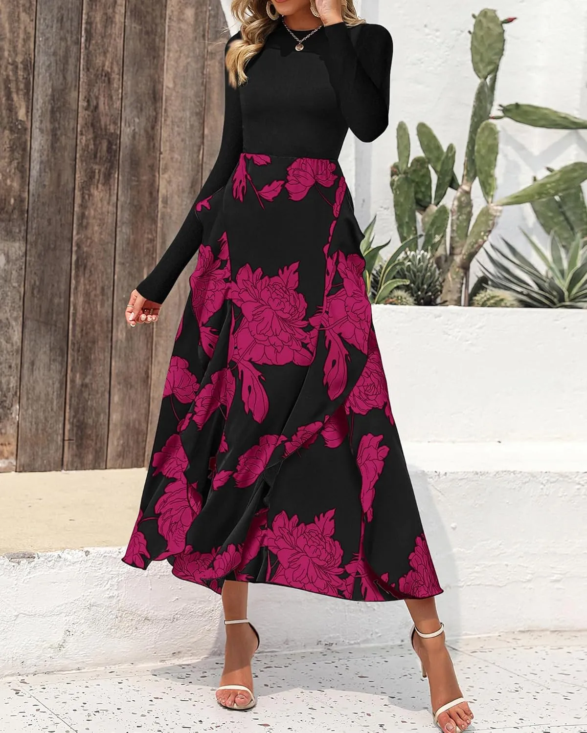 BTFBM Womens Floral Maxi Dress Spring Summer Casual Crewneck Long Sleeve Ruffle Flowy Cocktail Wedding Guest Dresses