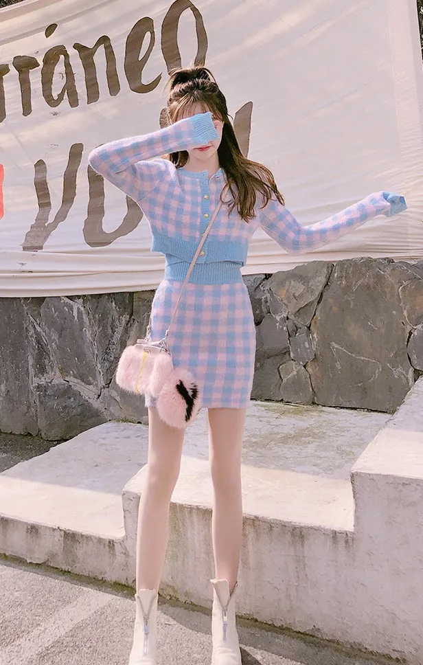 Bubblegum Knit Embroidery Sweet Pink Blue Plaid Tank Top Cardigan Skirt Three Piece Set