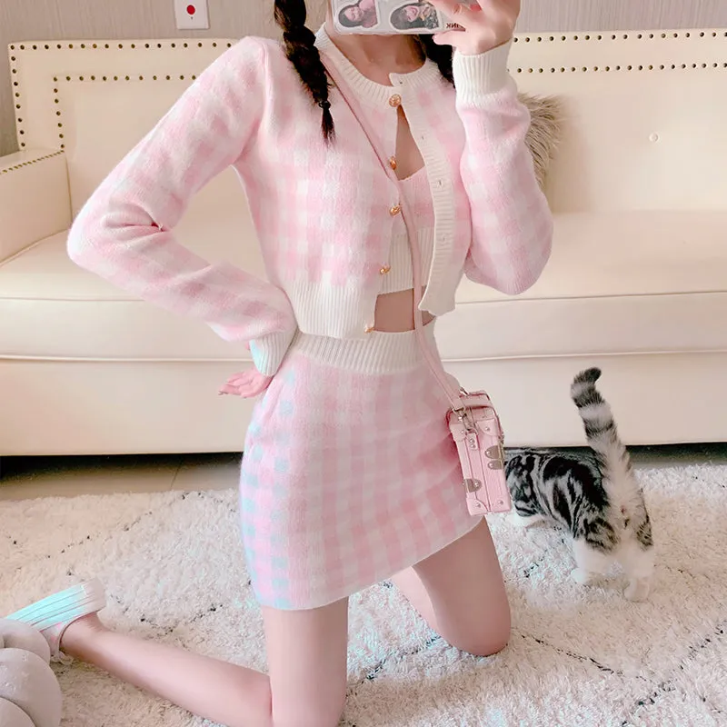 Bubblegum Knit Embroidery Sweet Pink Blue Plaid Tank Top Cardigan Skirt Three Piece Set