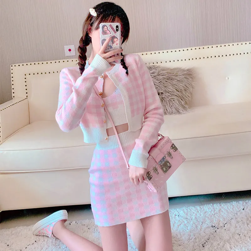 Bubblegum Knit Embroidery Sweet Pink Blue Plaid Tank Top Cardigan Skirt Three Piece Set