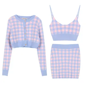 Bubblegum Knit Embroidery Sweet Pink Blue Plaid Tank Top Cardigan Skirt Three Piece Set