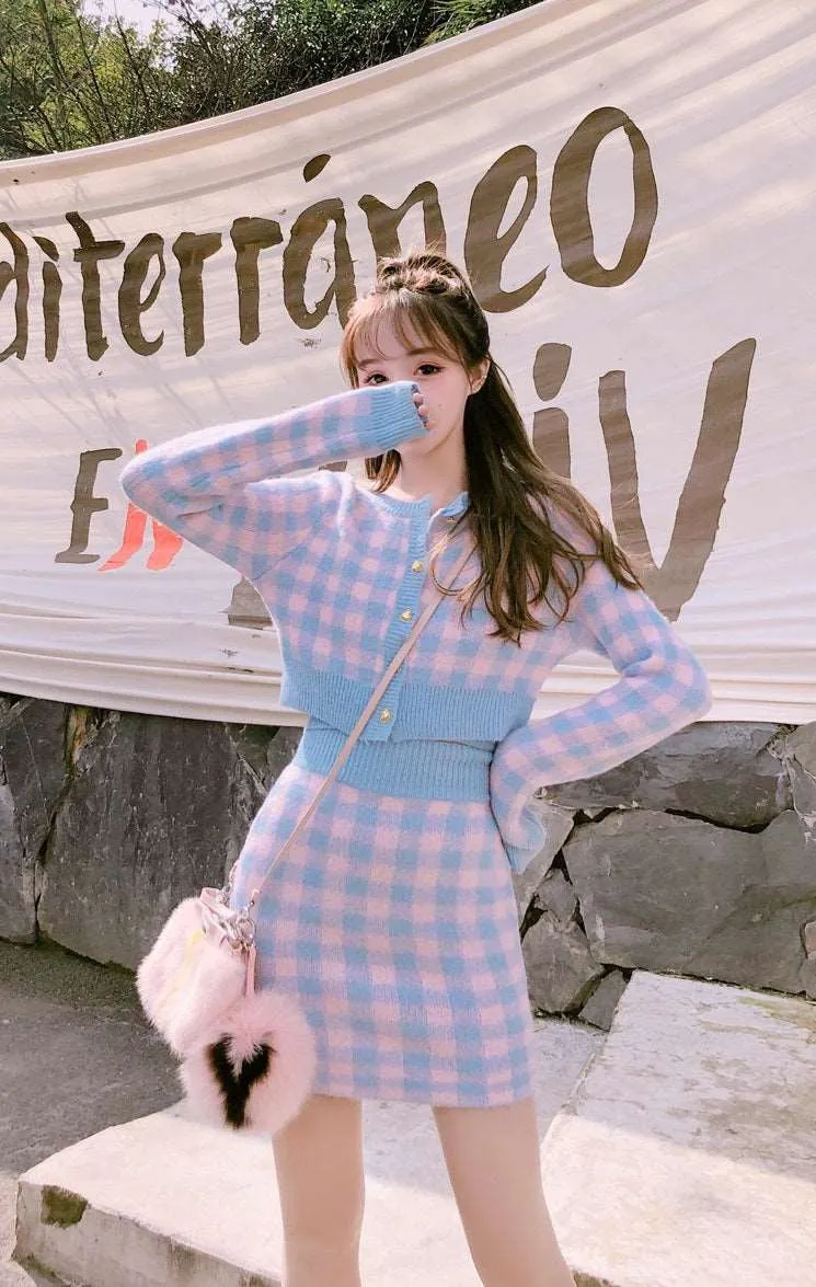 Bubblegum Knit Embroidery Sweet Pink Blue Plaid Tank Top Cardigan Skirt Three Piece Set