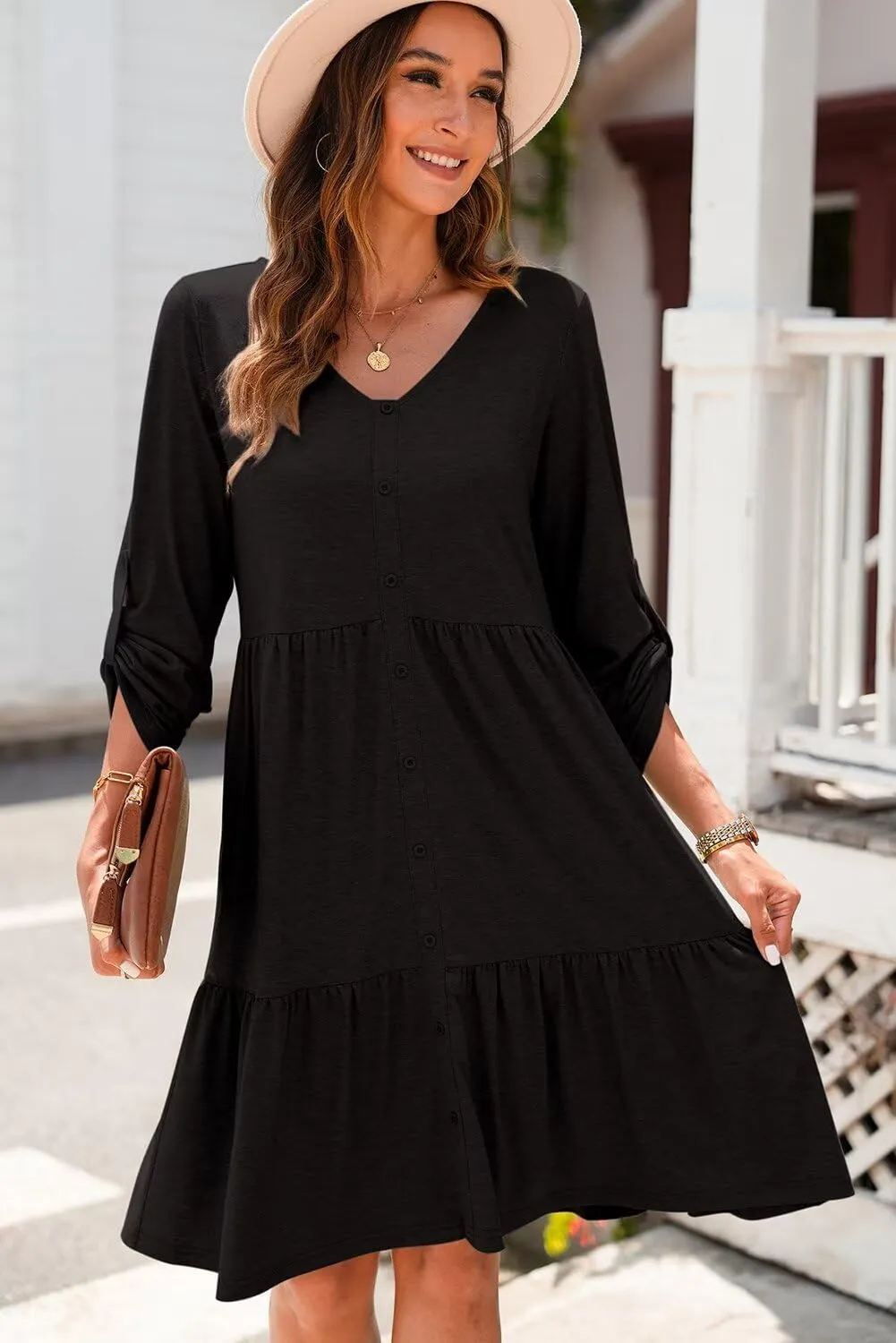 Dokotoo Dresses for Women 2025 Long Sleeve V Neck Knitted Button Down Elastic Waist Ruffle Tiered Mini Dress with Pockets