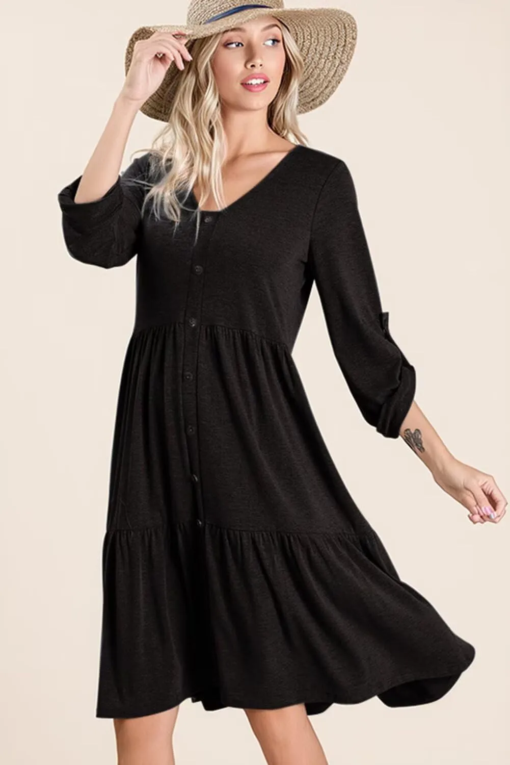 Dokotoo Dresses for Women 2025 Long Sleeve V Neck Knitted Button Down Elastic Waist Ruffle Tiered Mini Dress with Pockets