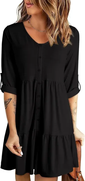 Dokotoo Dresses for Women 2025 Long Sleeve V Neck Knitted Button Down Elastic Waist Ruffle Tiered Mini Dress with Pockets