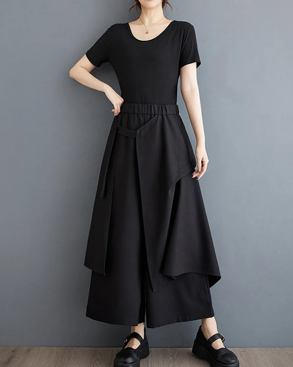ellazhu Women's Oversized Irregular Drop Crotch Wide Leg Hakama Drawstring Harem Pants GZ194 Black