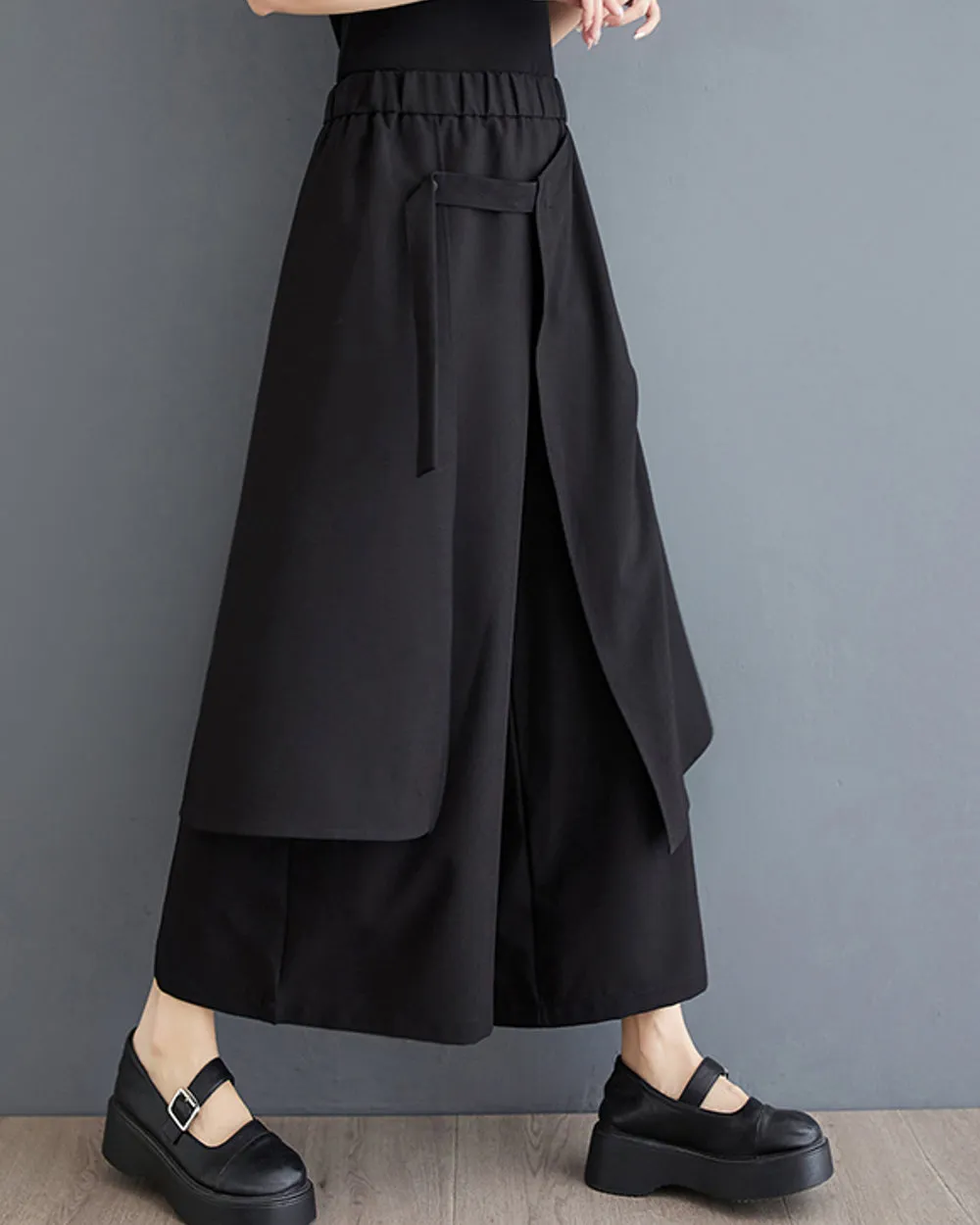 ellazhu Women's Oversized Irregular Drop Crotch Wide Leg Hakama Drawstring Harem Pants GZ194 Black
