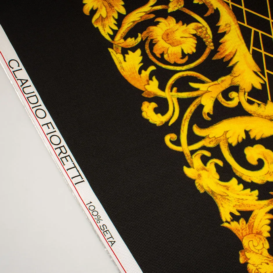 Golden Yellow Geometric Printed Black Pure Silk Twill (A 1.60m Piece)