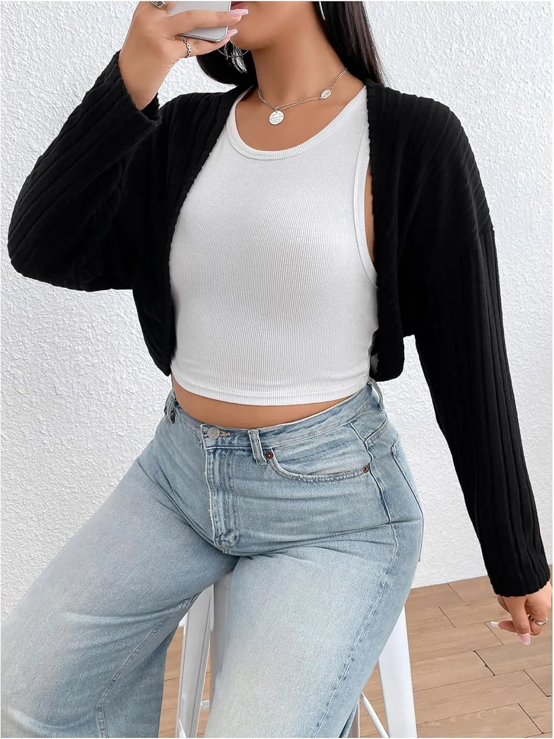 GORGLITTER Women's Long Sleeve Bolero Shrug Crop Cardigan Open Front Drop Shoulder Knit Sweater