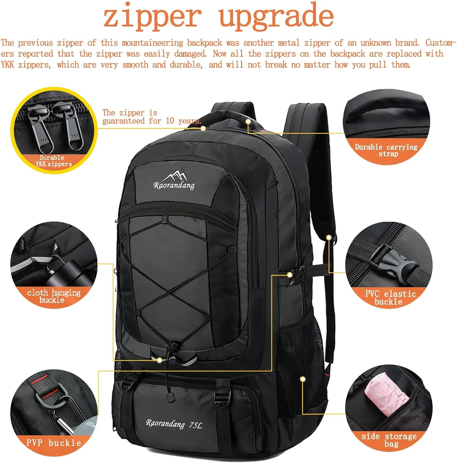 Hiking Backpack Waterproof Lightweight Durable 75L Large Capacity Travel Backpack Great for hiking, camping, trips