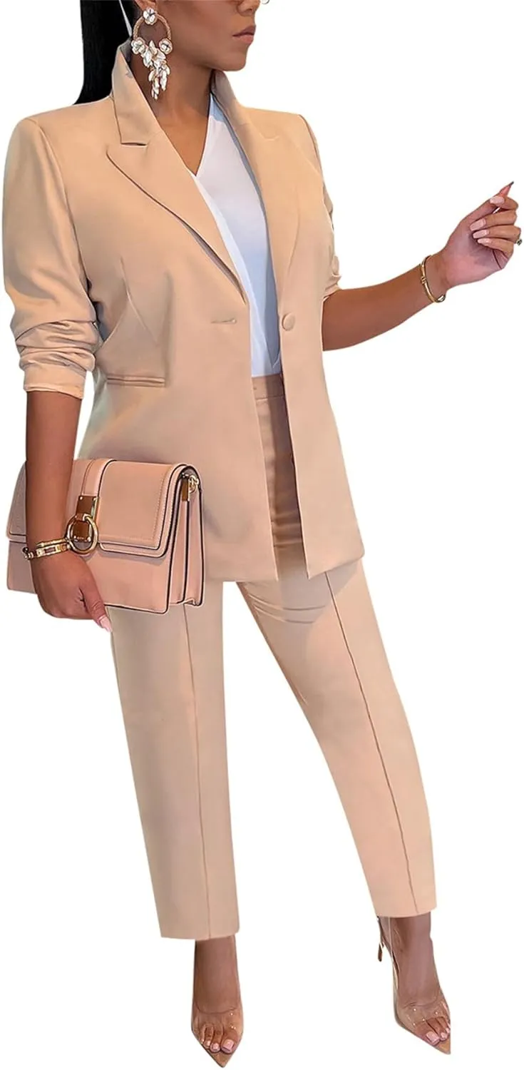 HuiSiFang Women's Blazer and Pants 2 Piece Suits 2025 Fall Fashion Solid Color Casual Blazer Sets