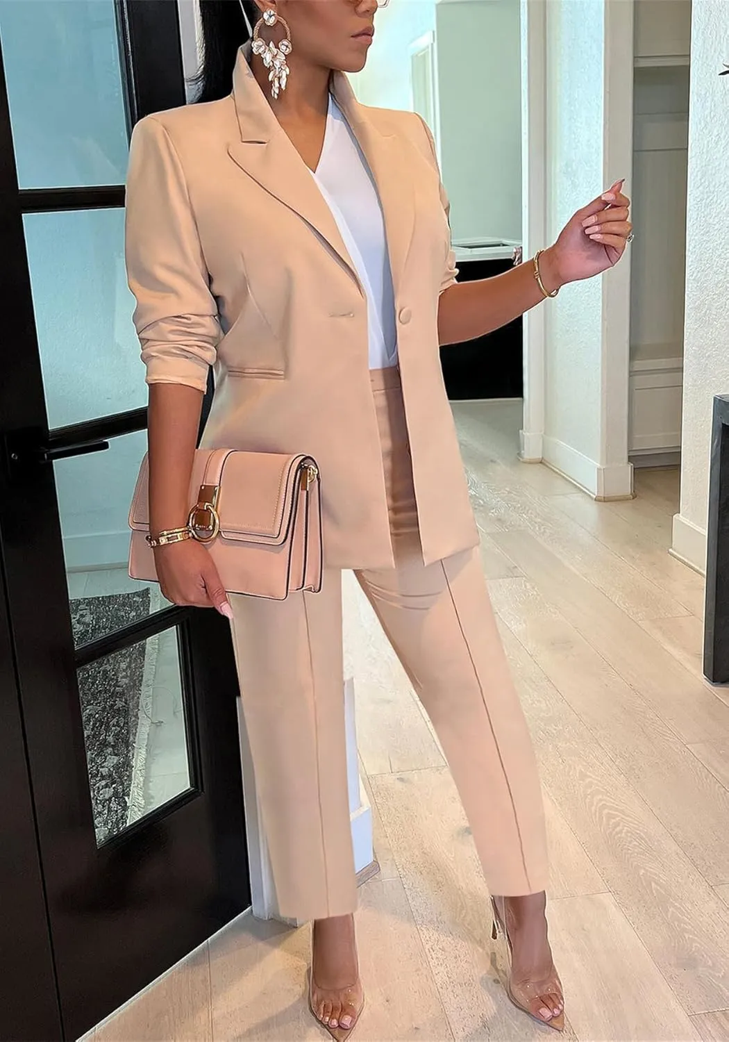 HuiSiFang Women's Blazer and Pants 2 Piece Suits 2025 Fall Fashion Solid Color Casual Blazer Sets