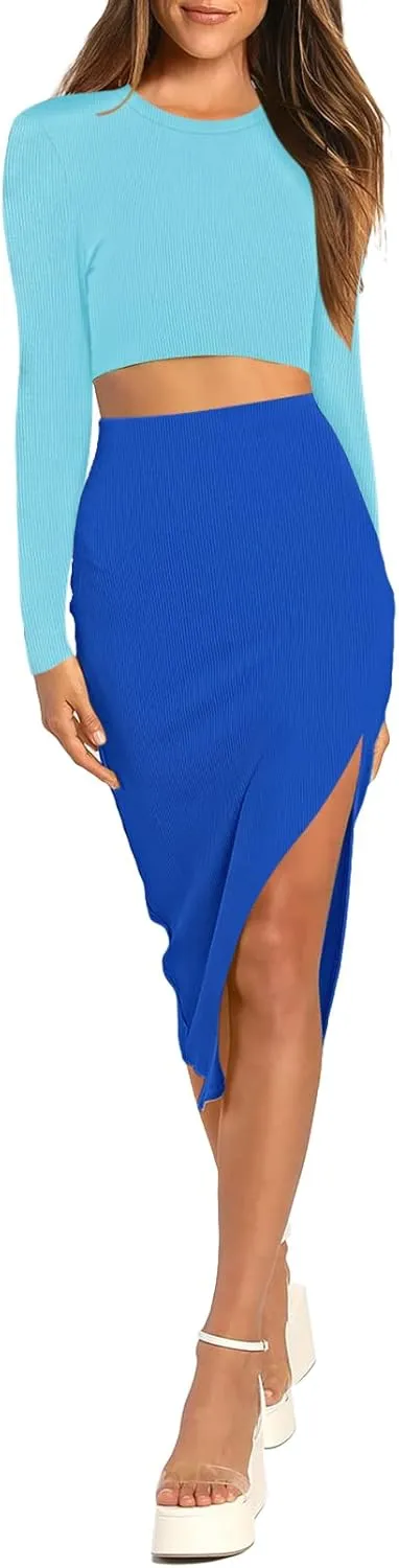 HUUSA 2 Piece Dress for Women Sexy Sleeveless Slim Bodycon Split Midi Dresses Casual Crewneck Tank Tops High Waist Skirt Sets