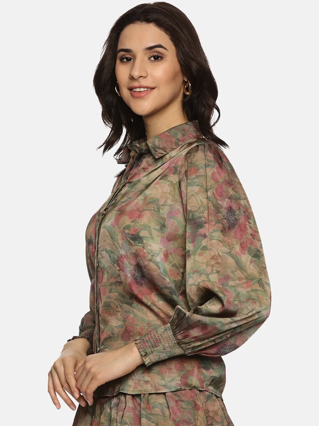 IS.U Floral Brown Satin Shirt