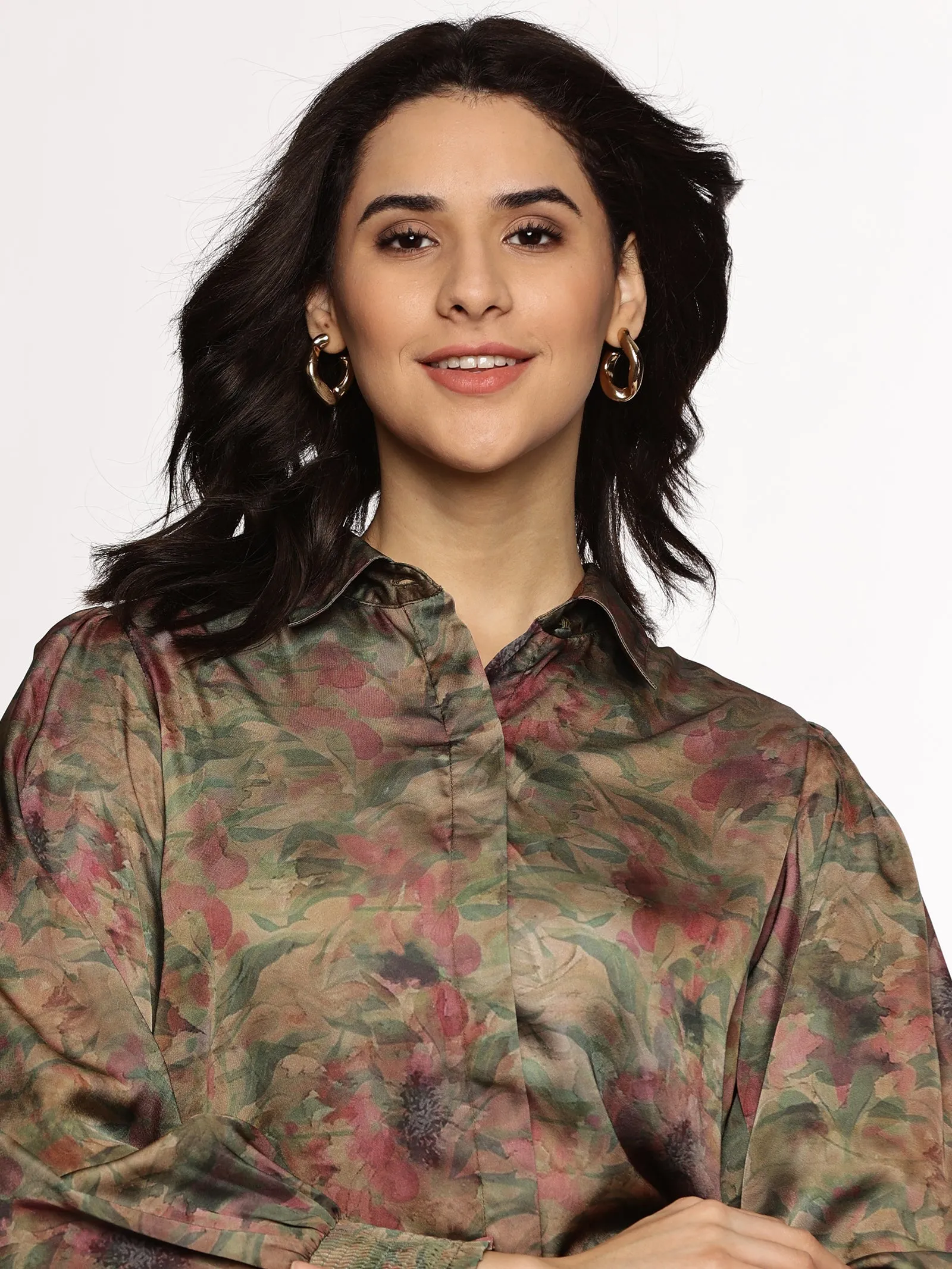 IS.U Floral Brown Satin Shirt