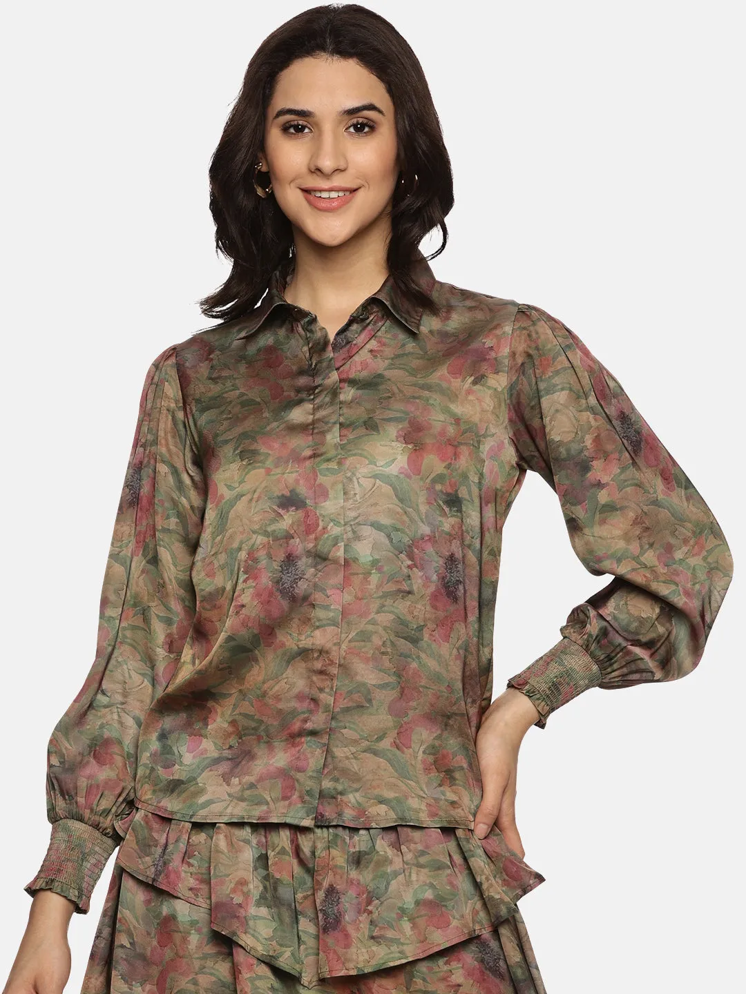 IS.U Floral Brown Satin Shirt