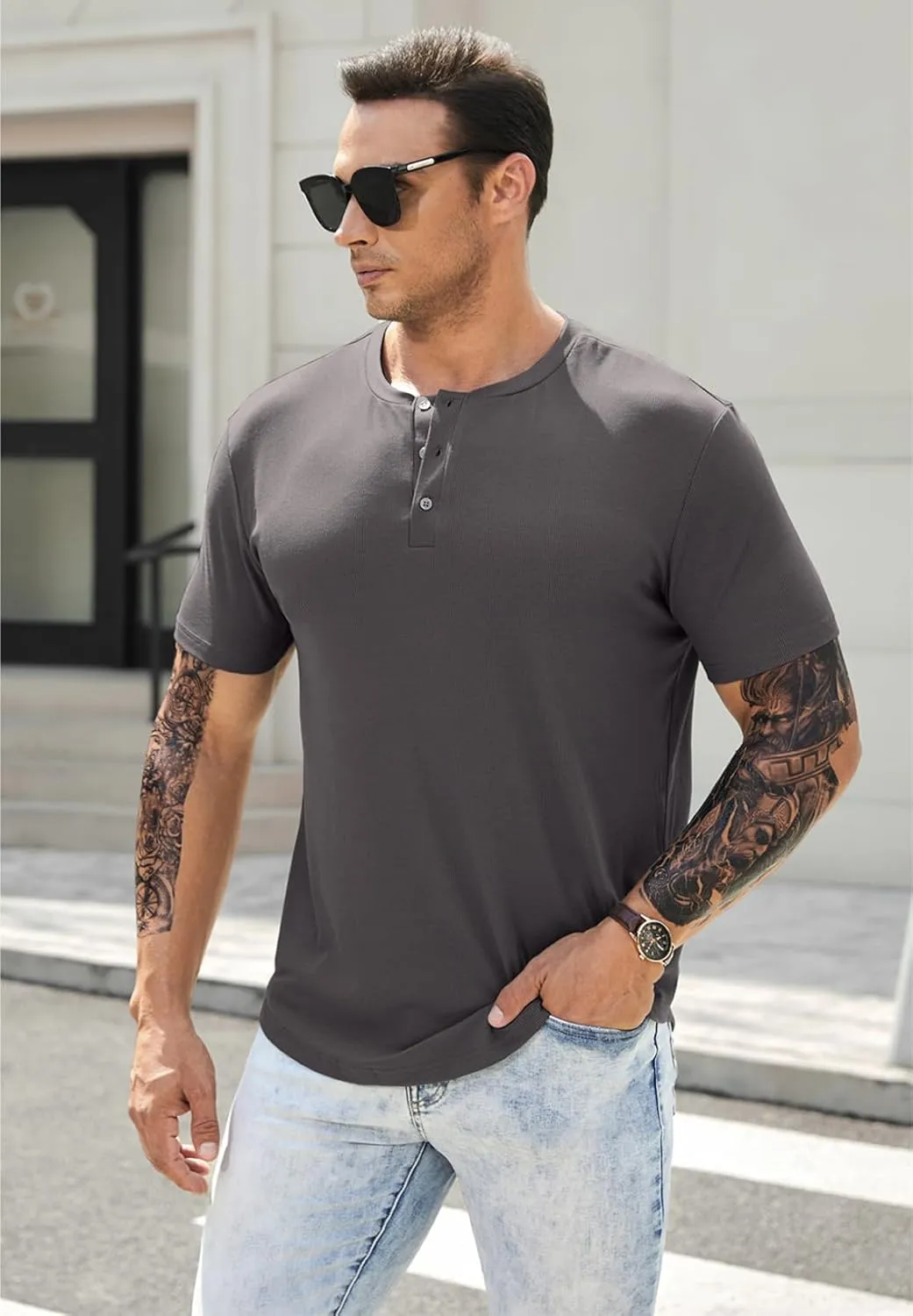 JMIERR Men's Muscle Slim Henley Shirts Crewneck Longline T-Shirt Gym Workout Athletic Shirt Tees with Button