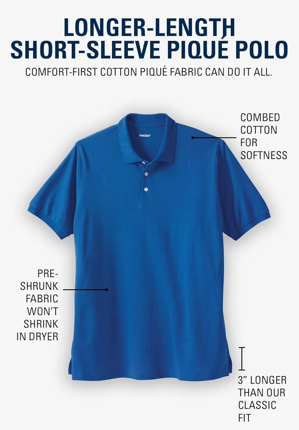 KingSize Men's Big & Tall Longer-Length Shrink-Less Piqu Polo Shirt