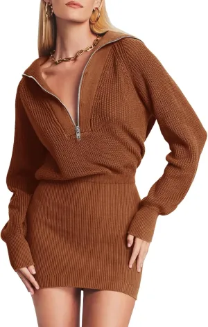 Lanwyqu Womens Zipper Up Bodycon Sweater Dress 2024 Cozy Pullover Long Sweaters Trendy Rib Knit Mini Dresses