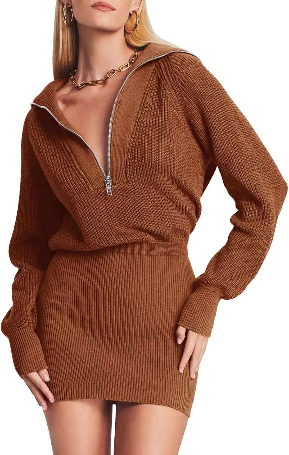 Lanwyqu Womens Zipper Up Bodycon Sweater Dress 2024 Cozy Pullover Long Sweaters Trendy Rib Knit Mini Dresses