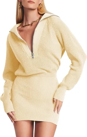 Lanwyqu Womens Zipper Up Bodycon Sweater Dress 2024 Cozy Pullover Long Sweaters Trendy Rib Knit Mini Dresses