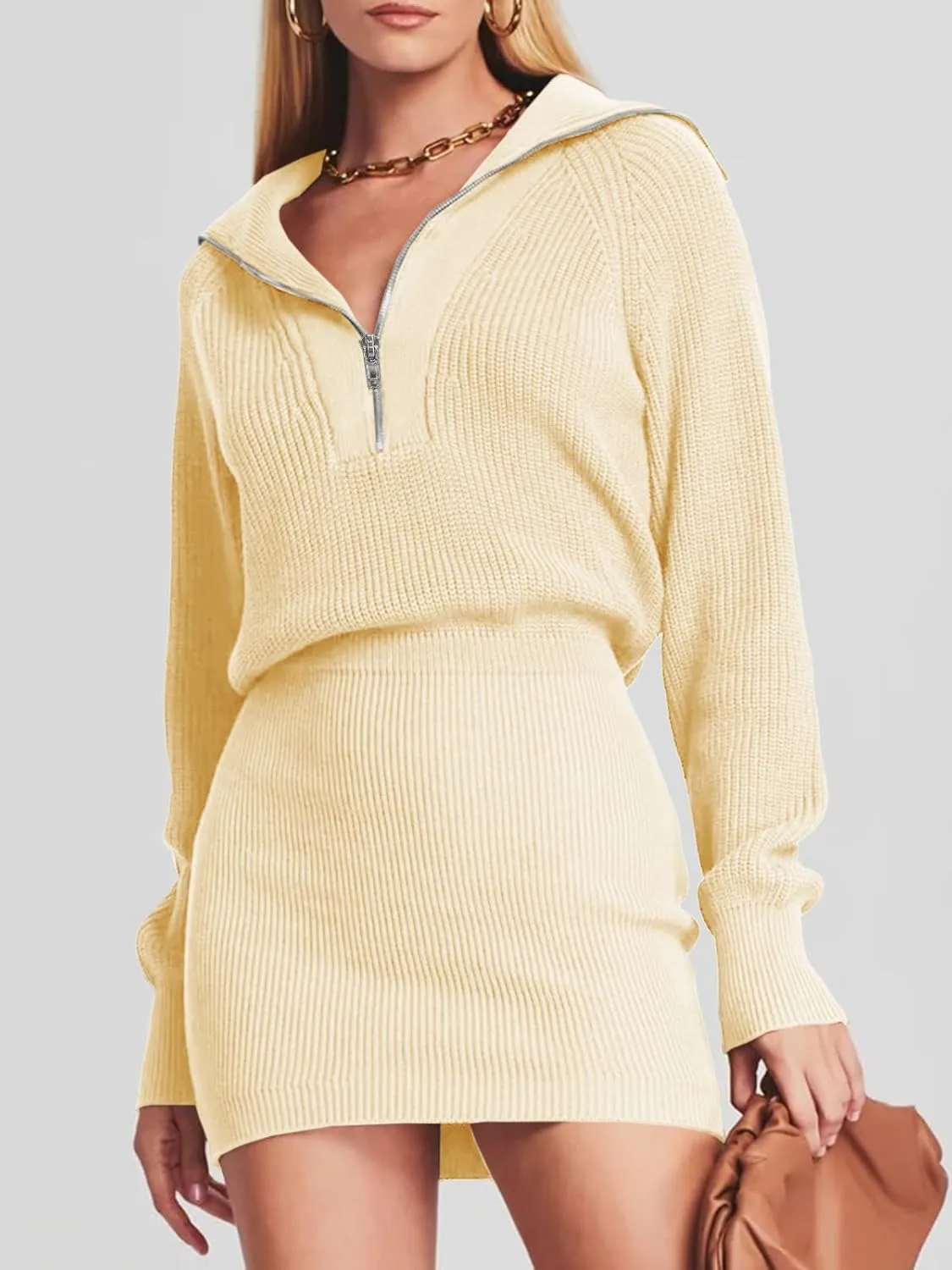Lanwyqu Womens Zipper Up Bodycon Sweater Dress 2024 Cozy Pullover Long Sweaters Trendy Rib Knit Mini Dresses