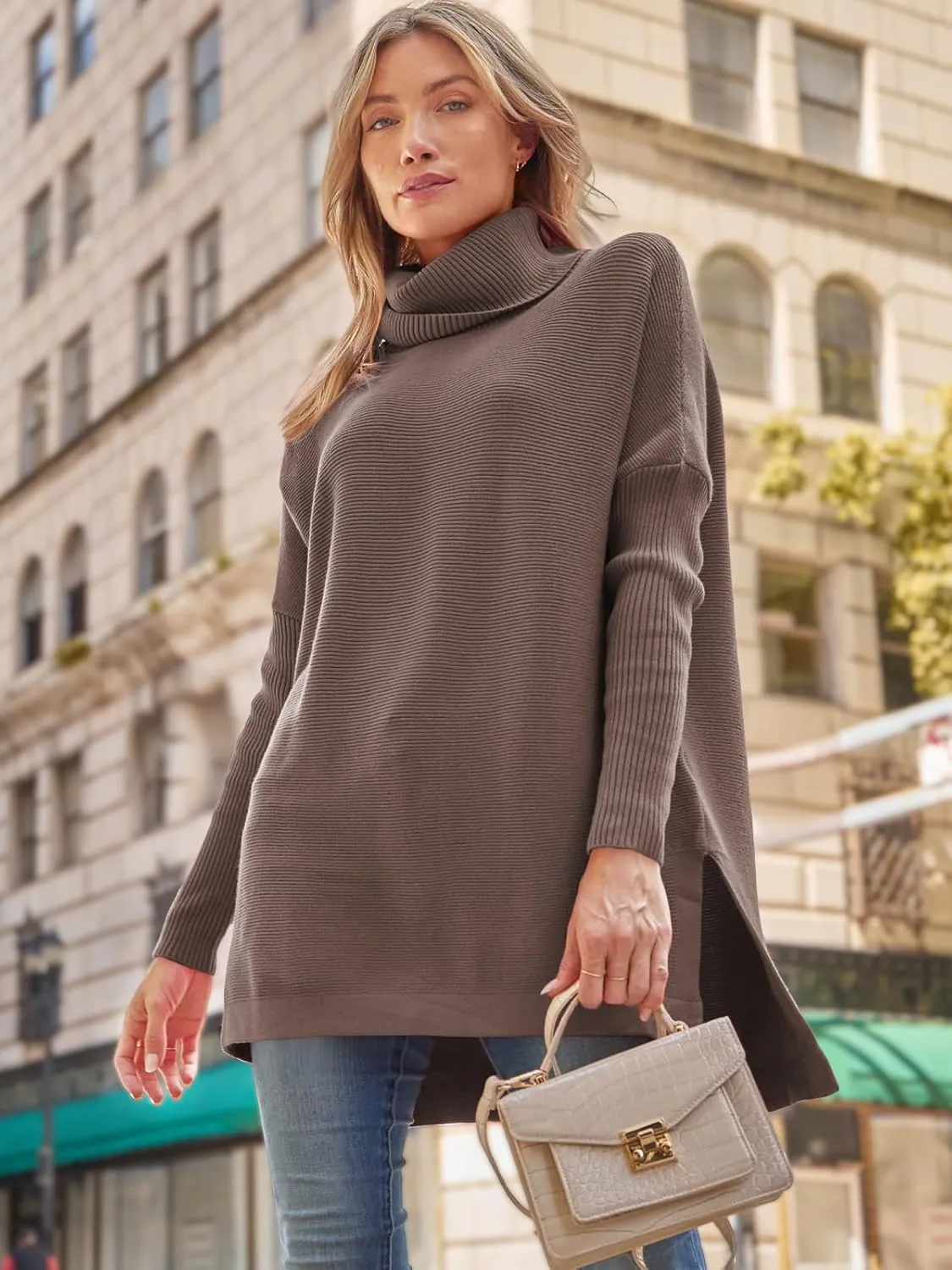 LILLUSORY Women's Turtleneck Oversized Sweaters Long Batwing Sleeve Spilt Hem Tunic Pullover Knit Tops