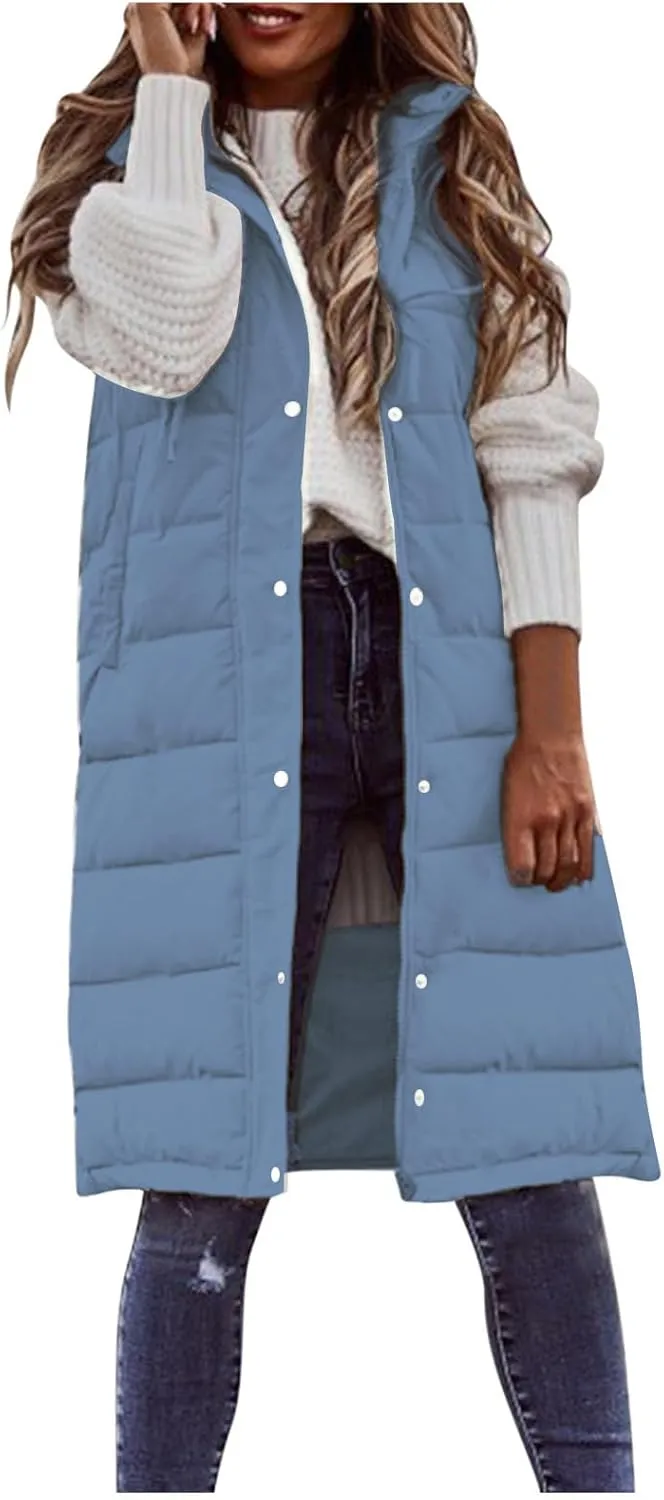 Long Puffer Vest Women Quilted Hooded Sleeveless Down Vest Outerwear Padded Jacket Fall Winter Coat with Pockets