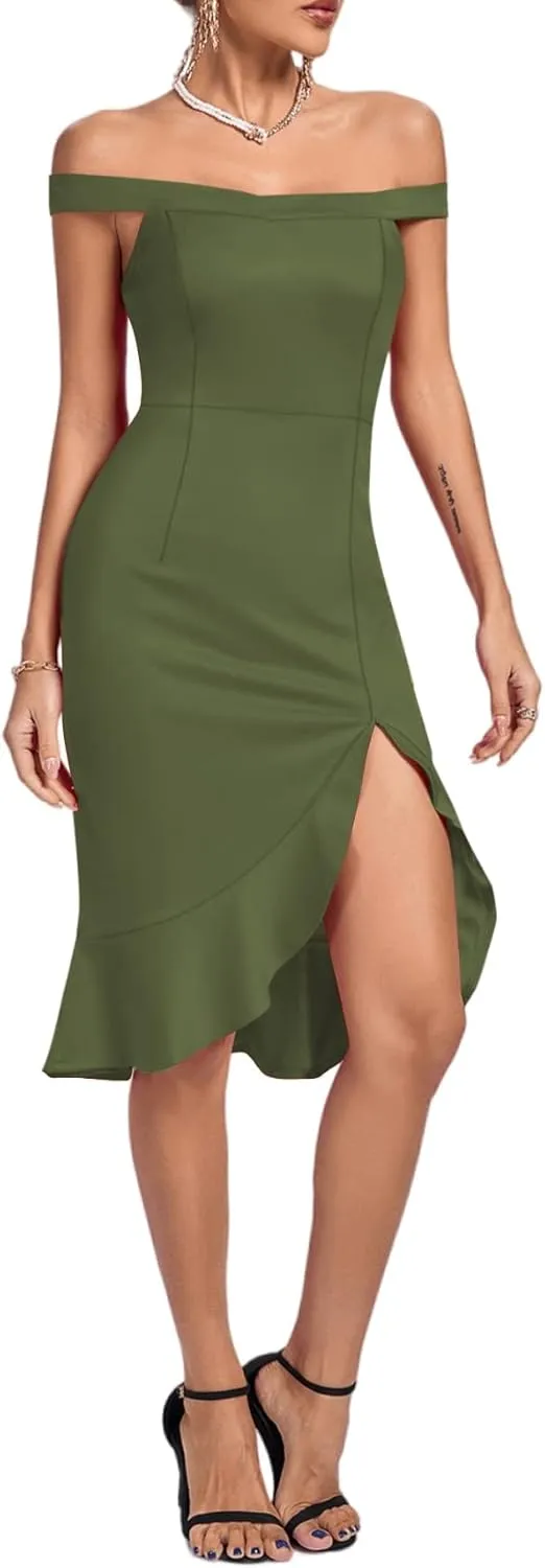 LYANER Women's Off Shoulder Ruffle Split Hem Bodycon Party Club Midi Dress