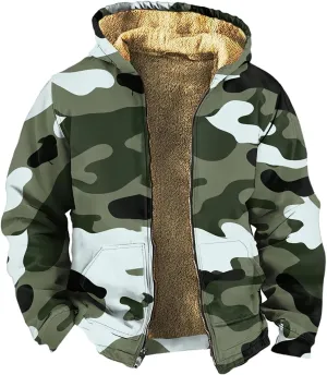 Mens Winter Camo Jacket Thickened Vintage Fashion Casual Padded Graphic Long Sleeve Warm Camo Coats