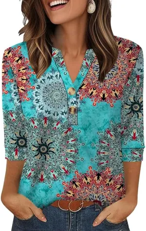 OFEEFAN Womens Tops 3/4 Sleeve Heley Shirts for Women Summer Fashion 2025 Blouses Beach Vacation Clothes