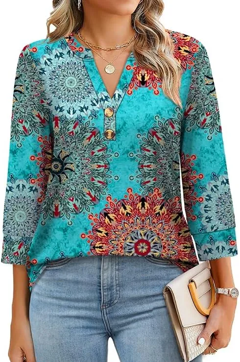 OFEEFAN Womens Tops 3/4 Sleeve Heley Shirts for Women Summer Fashion 2025 Blouses Beach Vacation Clothes
