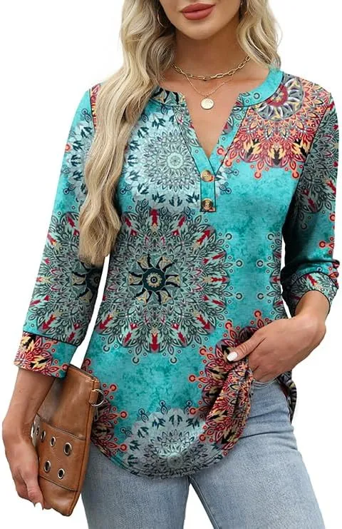 OFEEFAN Womens Tops 3/4 Sleeve Heley Shirts for Women Summer Fashion 2025 Blouses Beach Vacation Clothes