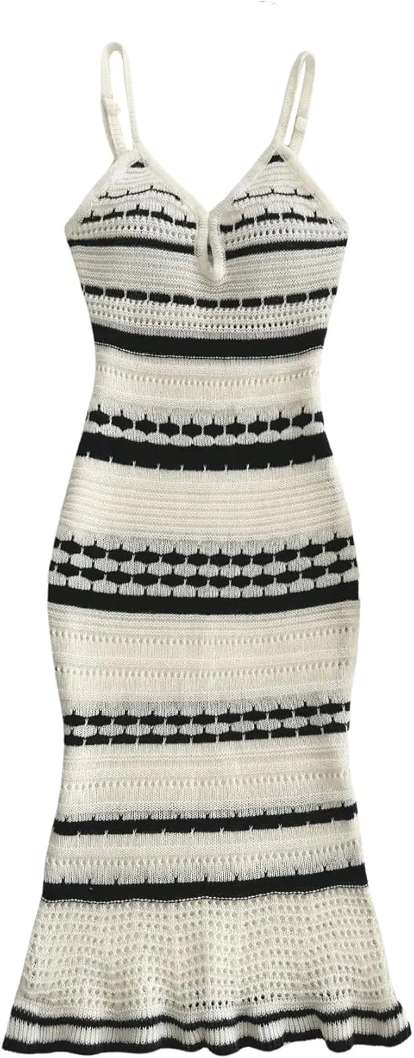 OYOANGLE Women's Striped Knitted V Neck Sleeveless Chemise Dresses Spaghetti Strap Bodycon Fishtail Midi Dresses