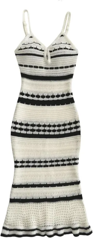 OYOANGLE Women's Striped Knitted V Neck Sleeveless Chemise Dresses Spaghetti Strap Bodycon Fishtail Midi Dresses