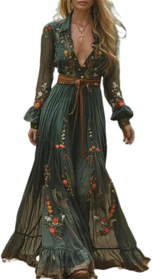 Pastoral Vintage Dress for Women Boho Floral Deep V-Neck Ruffle Hem Flowy Western Lace Maxi Dresses