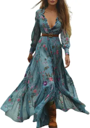 Pastoral Vintage Dress for Women Boho Floral Deep V-Neck Ruffle Hem Flowy Western Lace Maxi Dresses
