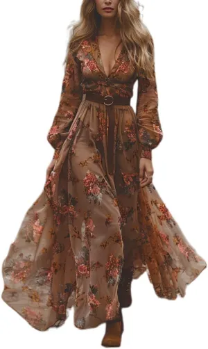 Pastoral Vintage Dress for Women Boho Floral Deep V-Neck Ruffle Hem Flowy Western Lace Maxi Dresses
