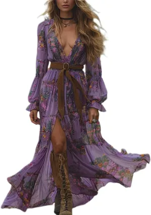 Pastoral Vintage Dress for Women Boho Floral Deep V-Neck Ruffle Hem Flowy Western Lace Maxi Dresses