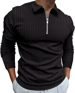 Polo Shirts for Men Golf Shirts Long Sleeve Zip Up Lapel Business Smart Casual Tops Henley V Neck Rugby