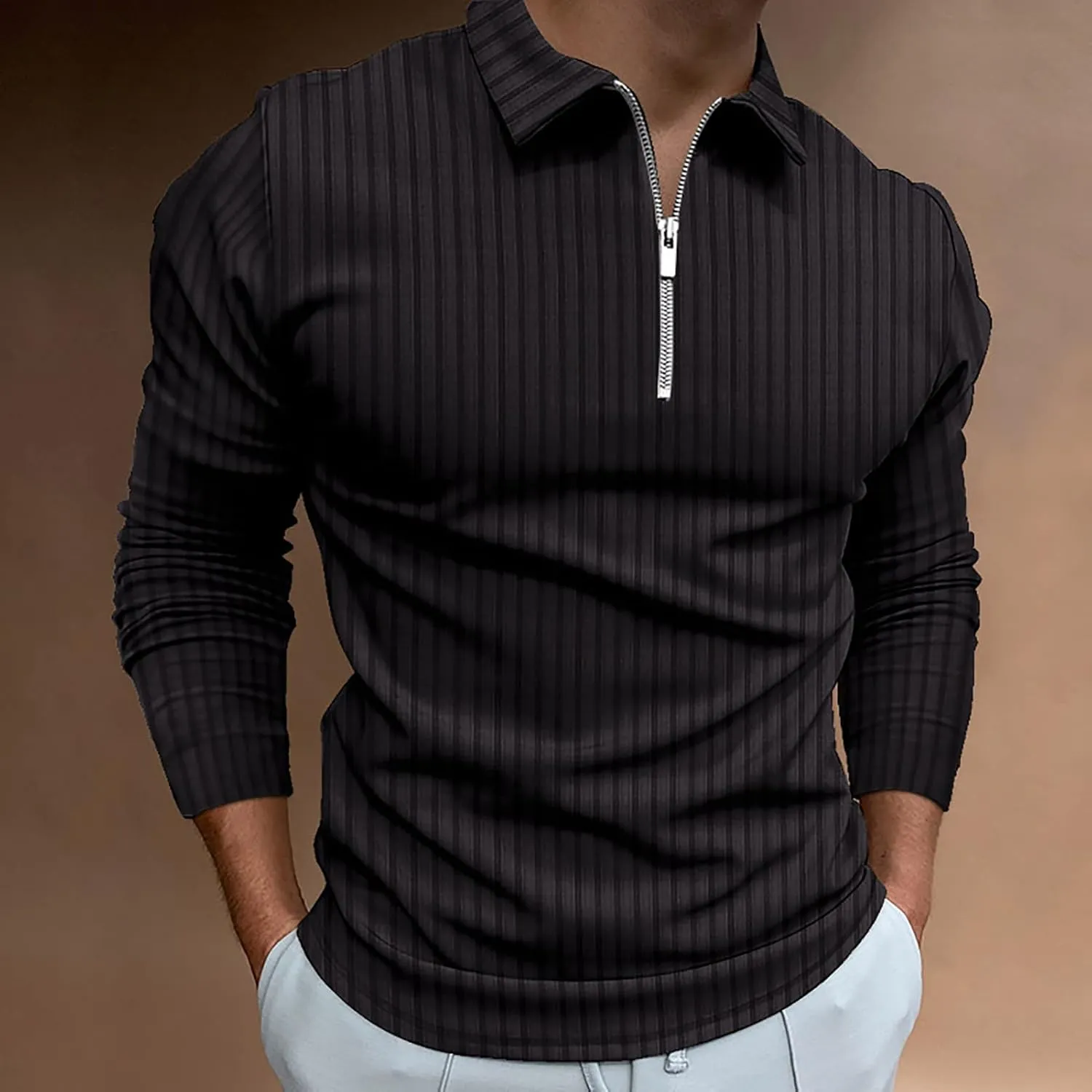 Polo Shirts for Men Golf Shirts Long Sleeve Zip Up Lapel Business Smart Casual Tops Henley V Neck Rugby