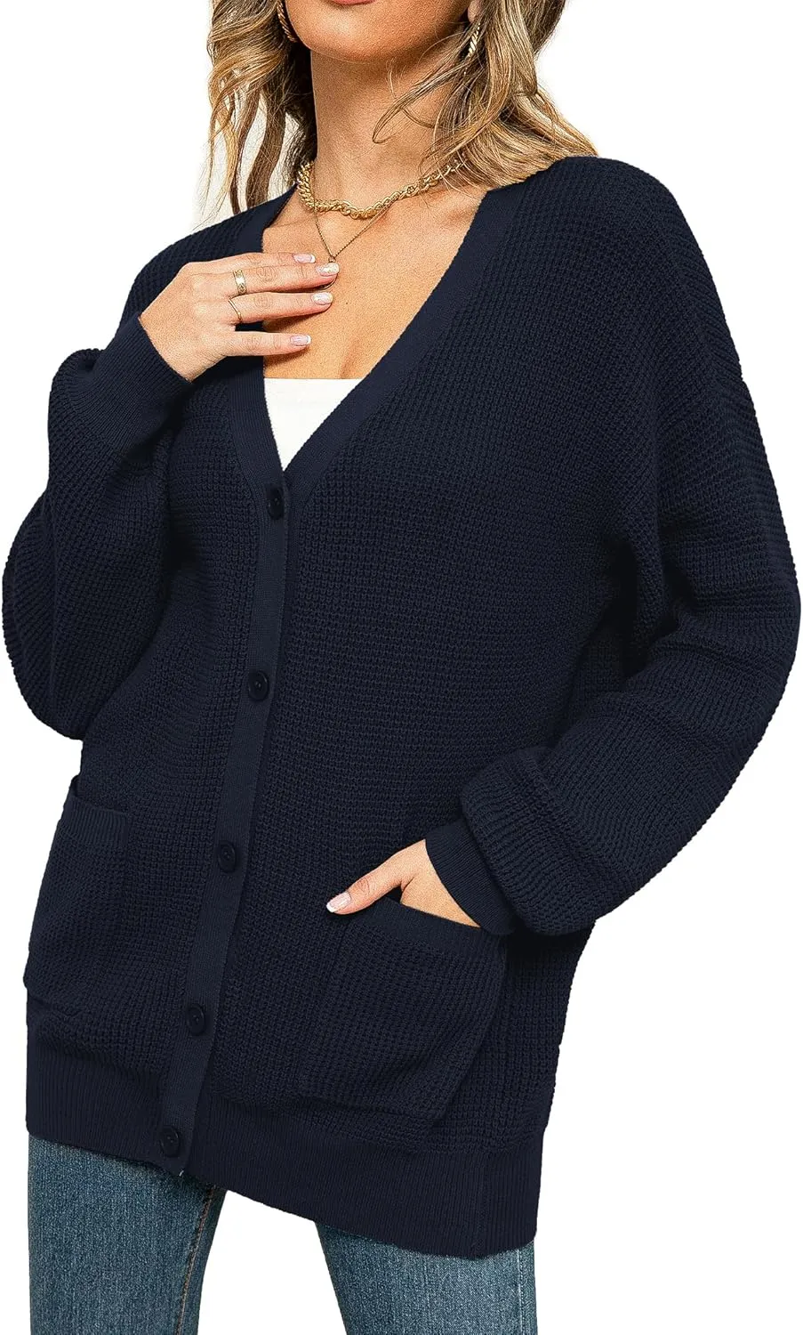QUALFORT Women's 100% Cotton Cardigan Sweaters for Women Button Down Oversized Knit Outerwear with Pockets