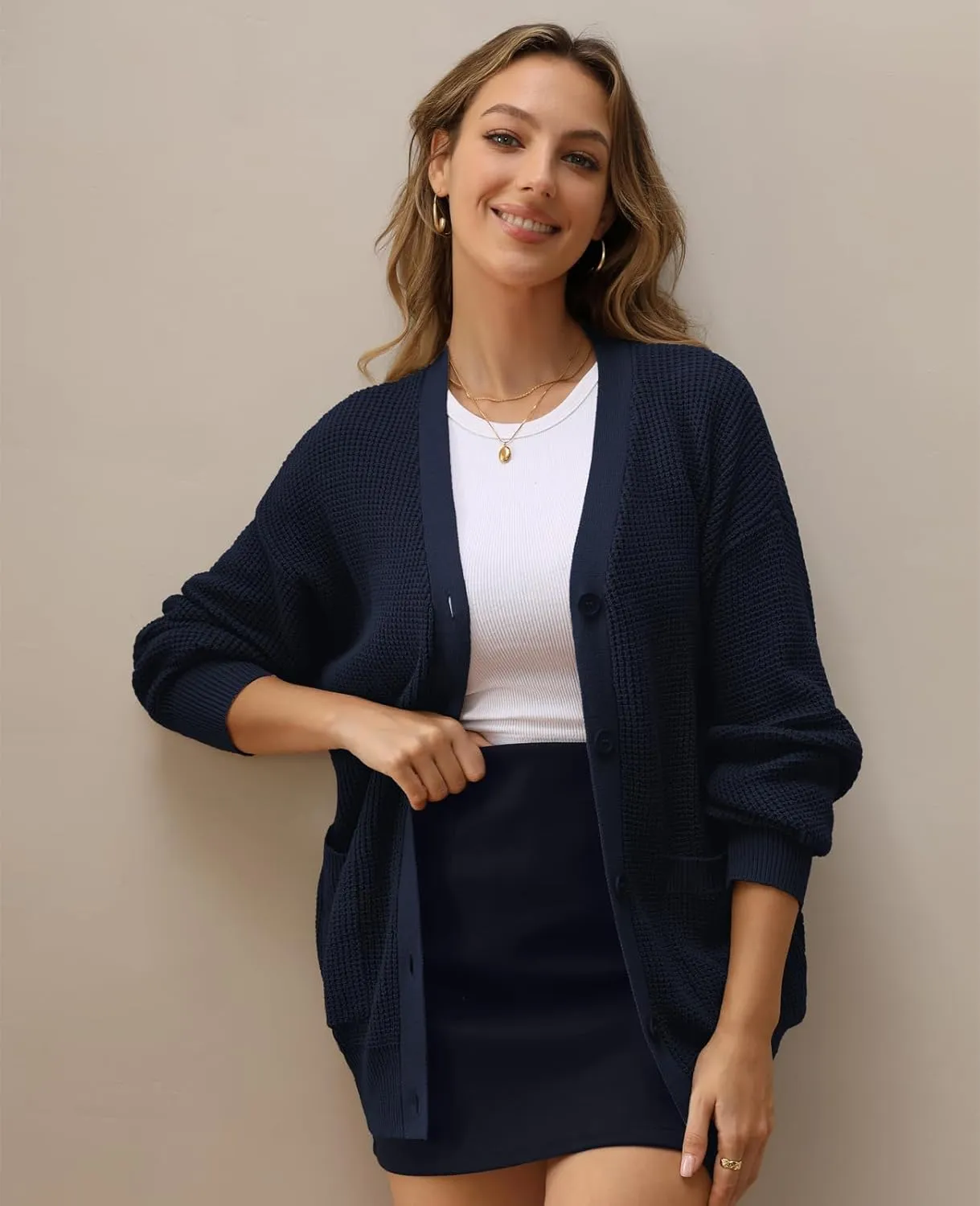 QUALFORT Women's 100% Cotton Cardigan Sweaters for Women Button Down Oversized Knit Outerwear with Pockets