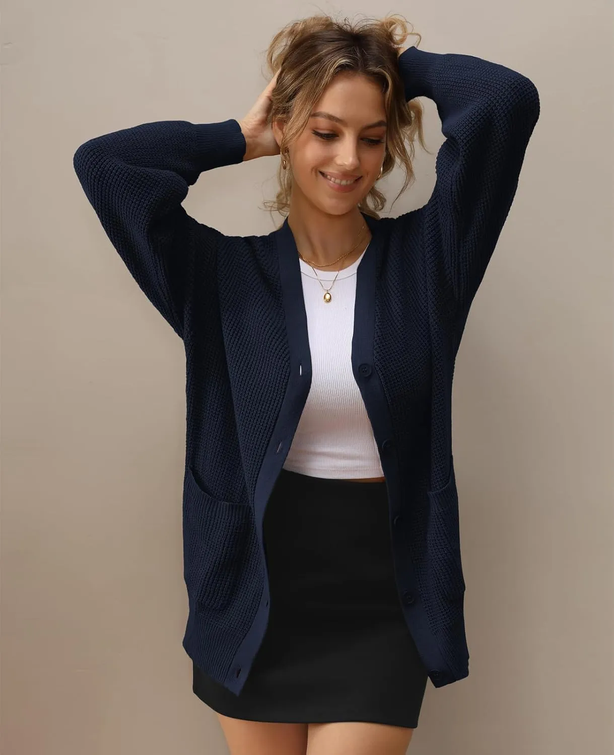 QUALFORT Women's 100% Cotton Cardigan Sweaters for Women Button Down Oversized Knit Outerwear with Pockets
