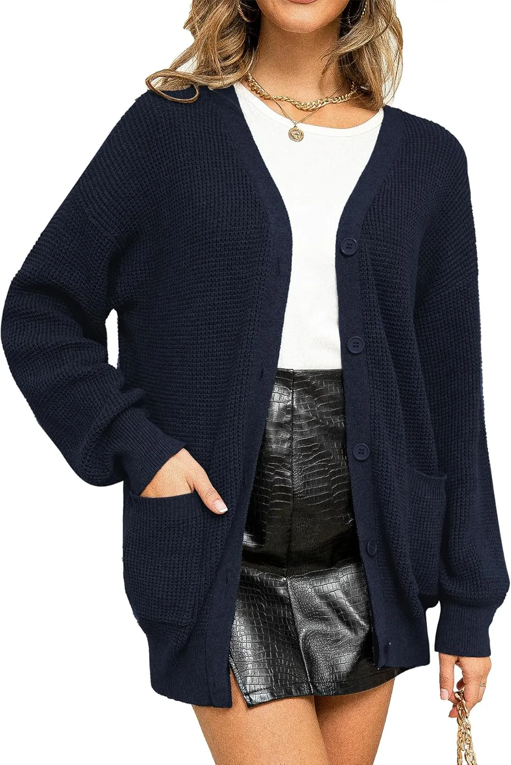 QUALFORT Women's 100% Cotton Cardigan Sweaters for Women Button Down Oversized Knit Outerwear with Pockets