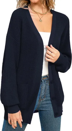 QUALFORT Women's 100% Cotton Cardigan Sweaters for Women Button Down Oversized Knit Outerwear with Pockets